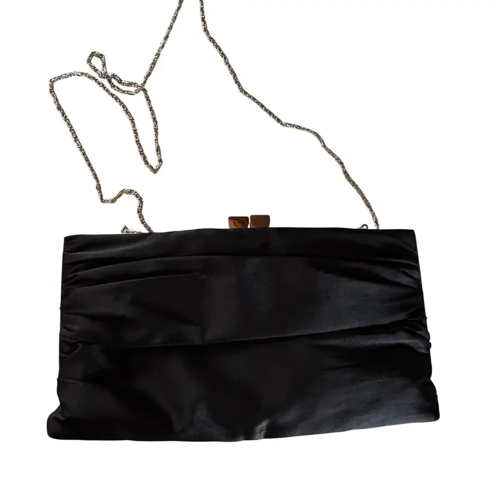 Lulu Townsend black satin evening bag with silvertone chain strap clutch purse